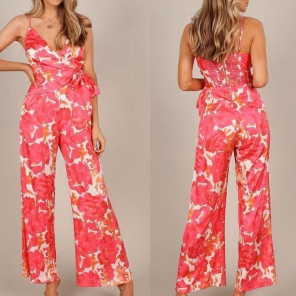 Petal and Pup Addison Jumpsuit XS Pink Coral Floral Smocked Wrap Tie Waist